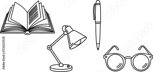 Vector illustration of an open book, lamp, pen, and glasses