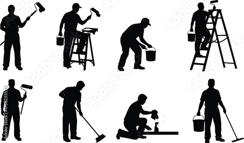 Painter silhouette, maintenance worker, cleaning pose, paint roller, ladder work, spray bottle, mop action, black vector, white background, occupation