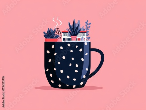 Whimsical Flat Design - Miniature Urban Oasis in a Polka Dot Coffee Mug with Steaming Houses.