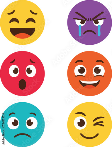 Collection of colorful, round emojis expressing a variety of emotions, including joy, sadness, and anger.