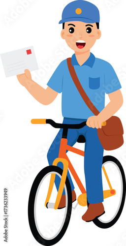 Postman Riding Bicycle Delivering Mail Illustration