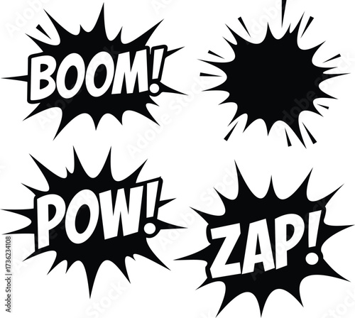 Comic sound effect bubbles with text boom, pow, zap isolated on white background