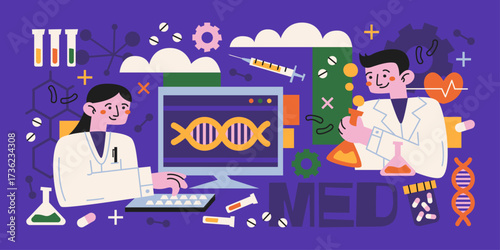 Medical laboratory with characters in retro cartoon style. Scientific research illustration: doctors, DNA, pills, flasks, test tubes, medical dashboard. Funky, doodle style, trendy healthcare concept.