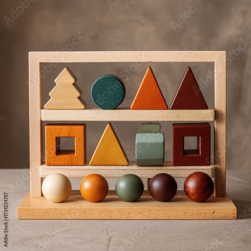 Wooden Geometric Stacking Toy - Natural Light, Warm Tones, Educational Play.