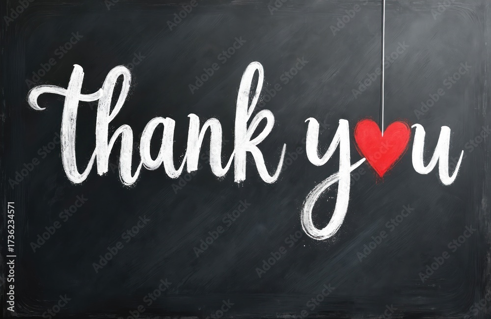 Obraz premium Chalkboard with thank you message. Handwritten white chalk text on blackboard. Red heart replaces o in you. Grunge texture background. Expression of gratitude. Positive vibe.