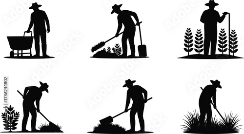 Silhouette vector illustration of farmers working in fields, planting crops, watering plants, using tools, cultivating soil, and maintaining agriculture.