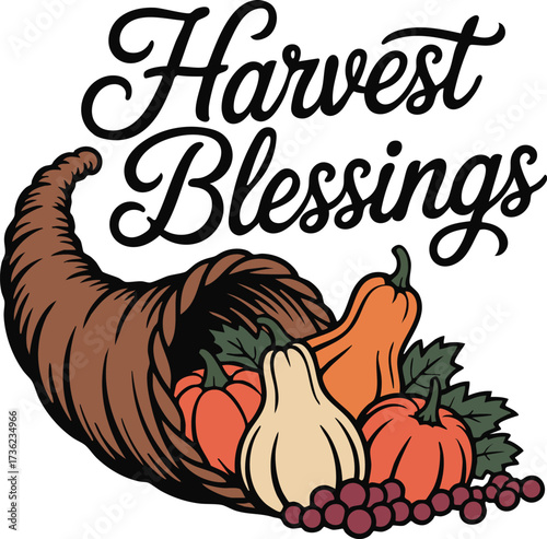 Autumn illustration of a cornucopia filled with pumpkins, gourds, and berries, with the text Harvest Blessings. Perfect for Thanksgiving, fall decor, and seasonal designs