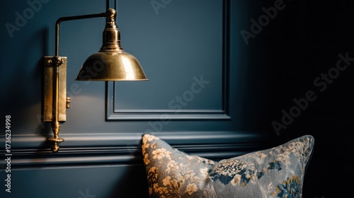 A close-up of a brass wall-mounted lamp, set against a dark navy blue wall with decorative molding, and a floral patterned cushion