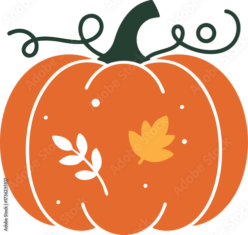 Orange Pumpkin with Autumn Leaf and Branch Illustration
