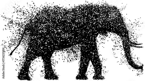 Elephant silhouette composed of scattering black particles on white background, abstract digital art illustration, wildlife concept.