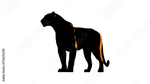 Majestic black silhouette of a wild big cat standing, powerful predatory feline animal, isolated on white background
