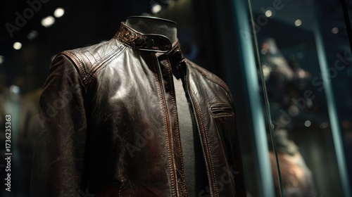 Close-up of a dark brown leather jacket on a mannequin