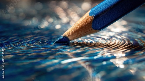 Close-up of a blue pencil tip creating ripples on a textured surface