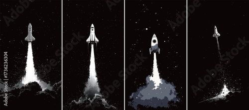 A series of four illustrations depicts a rocket launching through clouds and into space. The visuals highlight the powerful propulsion and stages of ascent.