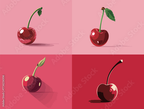 Four cherries depicted in various angles against vibrant pink backgrounds showcase their shiny surfaces and green leaves, highlighting their natural beauty and appeal.
