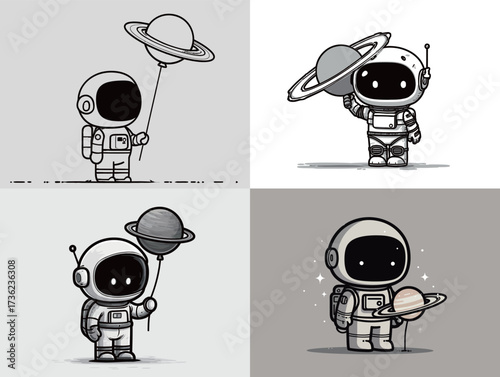 An astronaut character holds a planet-shaped balloon in four unique styles. Each quadrant shows different colors and features, depicting space exploration in a fun way.