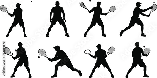Tennis player silhouette, racket swing pose, sports motion, black vector, athletic icon, dynamic movement, white background, game action, training