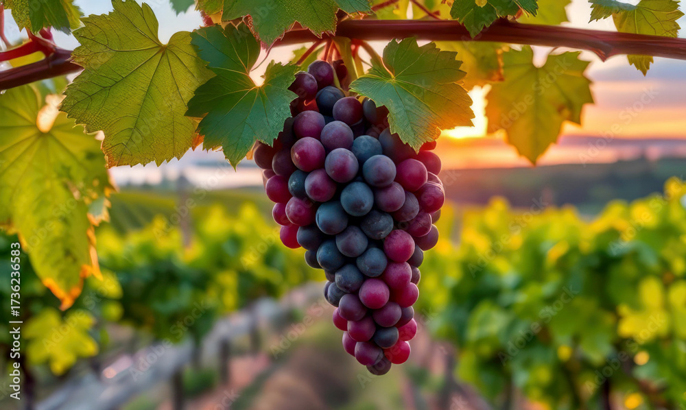 Fototapeta premium Cluster of ripe red grapes hanging from vine ready for harvest. View of autumn vineyard at sunset. Banner with space for text.
