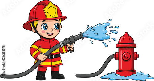 Cartoon child firefighter illustration, cute boy in fireman uniform, holding water hose, spraying hydrant, kids safety education, emergency rescue, playful character design, vector art