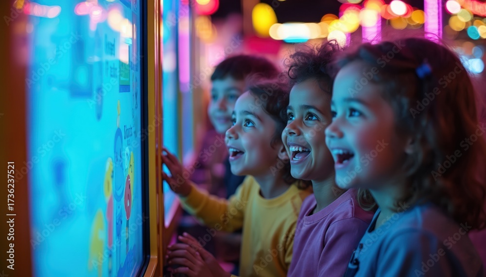Obraz premium Children laugh at interactive game screen in brightly lit amusement park arcade. Young friends play video games together, experiencing virtual reality entertainment and joy.