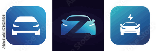 Three icons represent different types of vehicles, including a car, an electric vehicle symbol, and an abstract car design. The blue color theme gives a modern feel.