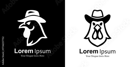 Logo design in the form of a chicken head wearing a cowboy hat with front and side views