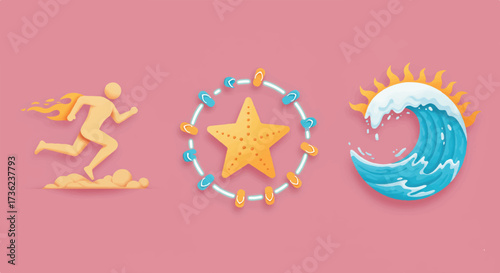 Dynamic 2D flat illustration of a beach sport set: running flame, bright beach star, orbiting flip-flops, cheerful sun wave, ideal for summer activity.