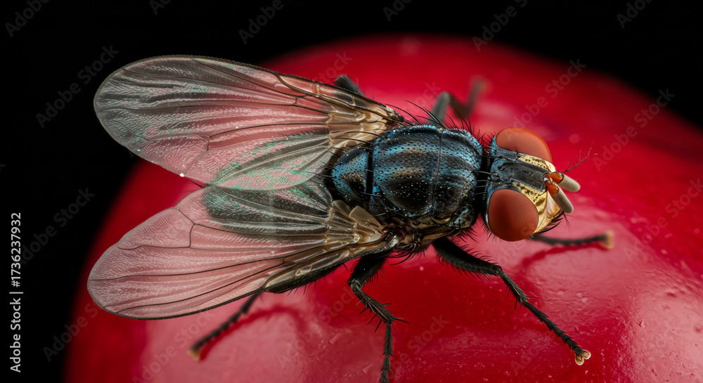 Obraz premium A bluebottle fly with red eyes rests on a shiny, bright red surface against a dark background.