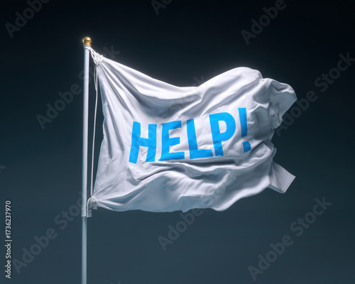 A dramatic white HELP flag waves under dark light conditions, emphasizing danger, distress, survival call, and a strong symbol of urgent assistance.