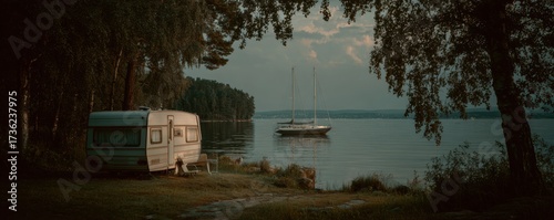 A retro caravan is parked by a quiet lake with a sailboat nearby, framed by trees and soft natural light, evoking peaceful travel and nature escape.