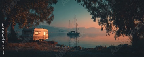 A vintage caravan stands near a calm lake at sunset, with sailboats on the horizon, surrounded by trees, creating a serene travel and camping atmosphere.