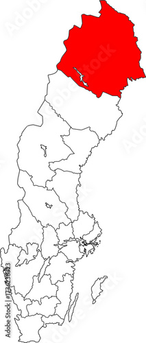 Detailed vector map of Sweden highlighting Norrbotten County, the largest and northernmost region, encompassing Swedish Lapland and arctic territory.

