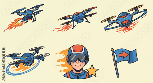 Vibrant 2D vector icons for drone racing, featuring a flaming quadcopter, star goggles, orbiting drone, and a flag arrow, symbolizing speed and eSports.