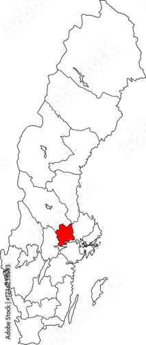 Detailed vector map of Sweden highlighting Västmanland County (Västmanlands län), a central region known for its industrial history and proximity to Lake Mälaren.

