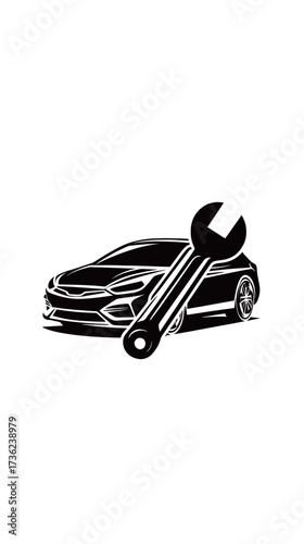 A sleek black sports car stands next to a large wrench, representing car repair and maintenance. This image captures the essence of automotive service and care.