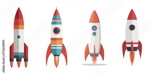 Four vibrant rockets of various designs stand side by side, showcasing bright colors and unique shapes. These rockets are perfect for a space-themed event or educational purpose.