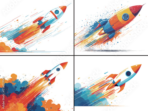 Four rockets are shown in a launch sequence with colorful trails and backgrounds, creating a sense of speed and excitement in a lively illustration.