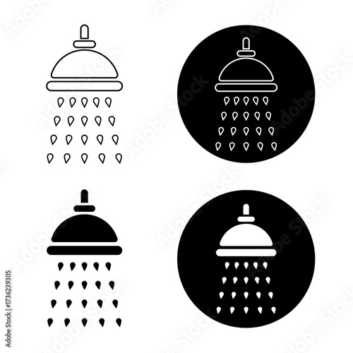Set of Shower Head Icon Vector Illustration. Each shower head is depicted with streams of water drops falling down, representing bathroom, hygiene and water usage concepts.