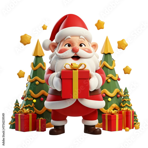 3D Santa Claus holding Christmas gift in front of decorated trees
