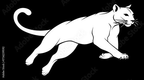 Dynamic white cougar illustration, leaping big cat vector graphic on a black background. Powerful puma artwork for design.