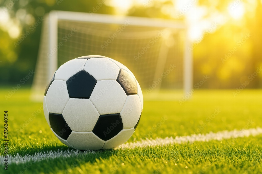 Obraz premium An action-packed scene showcasing a classic black and white soccer ball resting on a vibrant green field under soft sunlight, perfect for competitive sports and recreation.