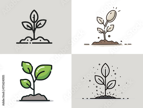 Different designs illustrate the growth of plants from soil, showing sprouting and leaf development in a clean, minimalist style. Each design features unique colors and forms.