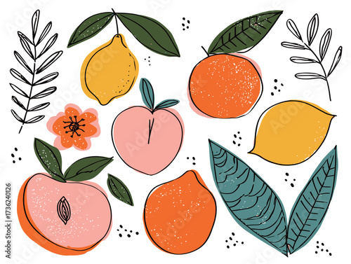 Bright and playful illustration featuring various fruits including lemons, oranges, and peaches along with decorative leaves and flowers, creating a vibrant scene.