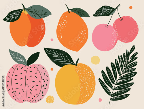 A vibrant illustration showcases different fruits including cherries, peaches, citrus, and leaves on a neutral background, celebrating fresh produce and nature.