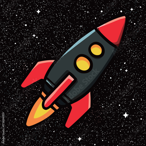 A bright rocket with red fins and yellow windows takes off into the vastness of space. The dark background is filled with shining stars, creating a magical scene.