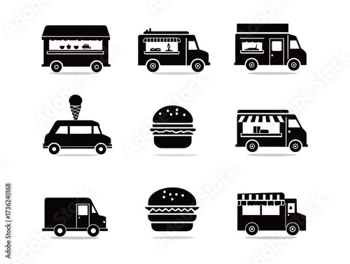 A collection of black silhouettes showcases different food trucks and vehicles designed to serve street food. Each vehicle represents diverse culinary offerings.