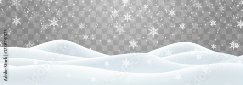 Vector heavy snowfall with snowbanks field. Snow landscape decoration, frozen hills isolated on png background. Snow flakes, snow and blizzard falling on snowdrifts. Christmas vector illustration