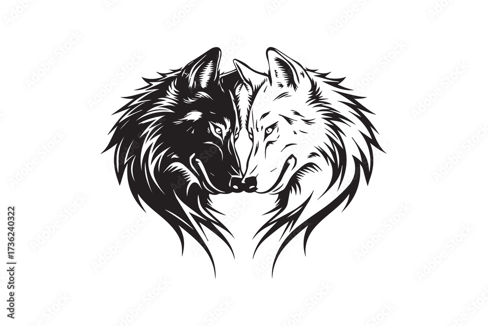 Fototapeta premium Black and White Wolf Pair Tribal Vector