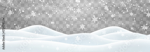 Vector heavy snowfall with snowbanks field. Snow landscape decoration, frozen hills isolated on png background. Snow flakes, snow and blizzard falling on snowdrifts. Christmas vector illustration