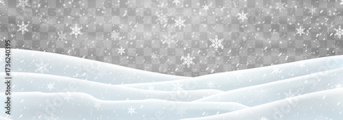 Vector heavy snowfall with snowbanks field. Snow landscape decoration, frozen hills isolated on png background. Snow flakes, snow and blizzard falling on snowdrifts. Christmas vector illustration